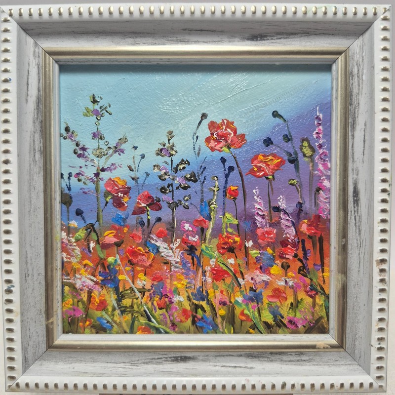 An original oil painting, signed and framed. “Blooming Meadow,” 4×4