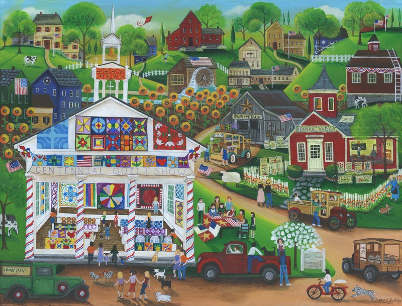 FoLk ArT PrInT Quilters Church School Barns Red Trucks Bicycle Sunflowers