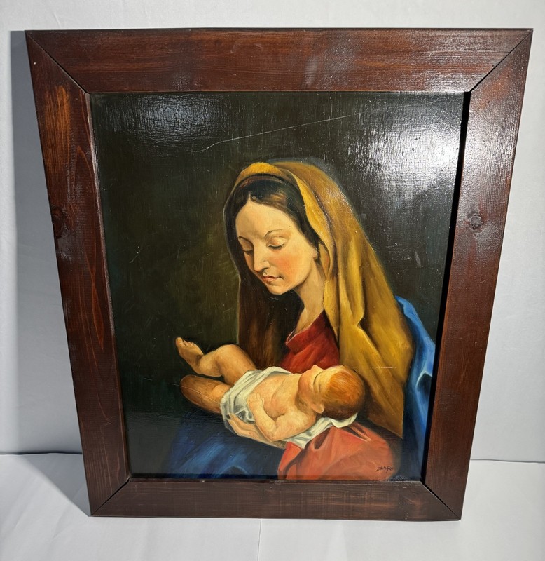 Oil painting of the Madonna and Child, signed Sargio (25″x22″)