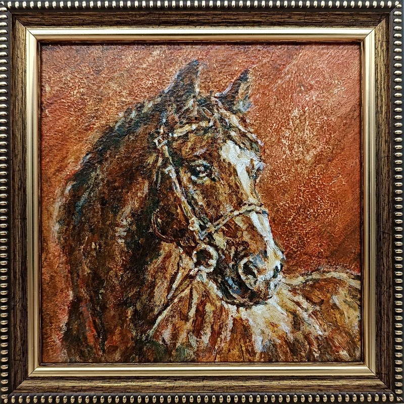 Horse Original Oil Painting 6×6 Framed Signed Brown Stallion Equestrian Art
