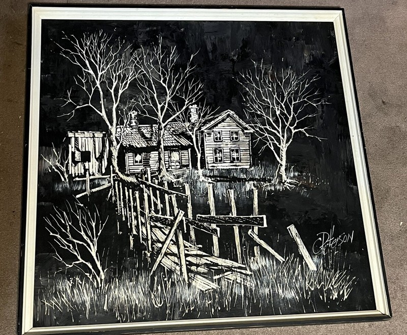 LARGE BLACK & WHITE LOG CABIN PAINTING BY C PETERSON 37 X 37” FRAMED ART