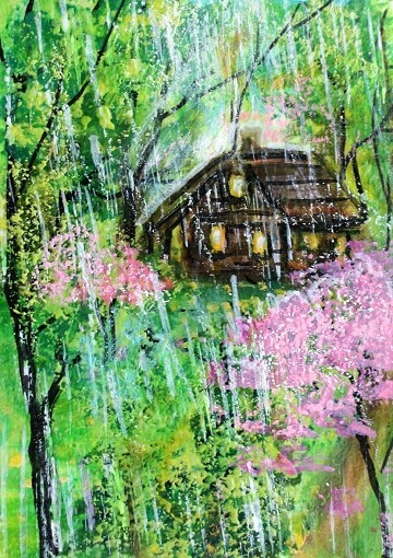ACEO Original CABIN Spring Rain Pink Tree PAINTING Nature Landscape Kasheta ART