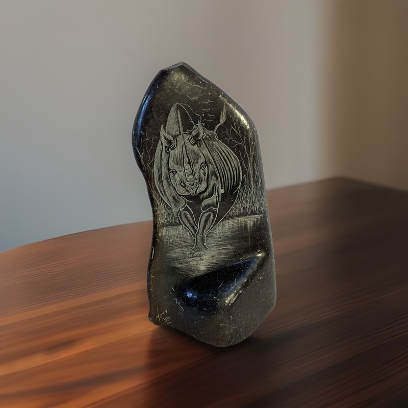 Zimbabwe Stone Etched Art Rhinoceros Signed Vox ‘99 inscription on back 7x4x2