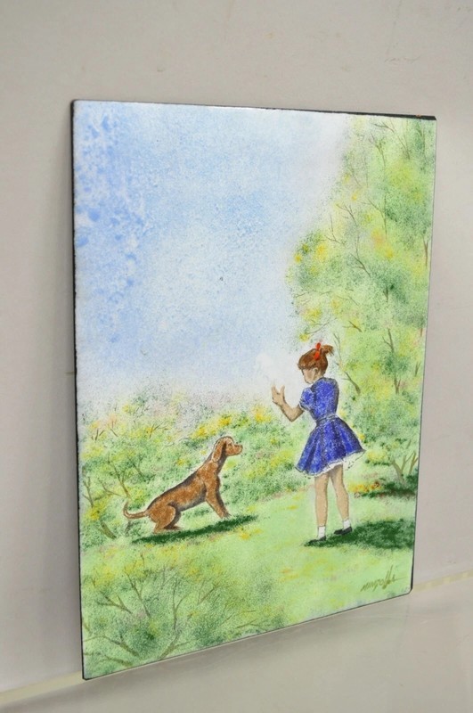 Dom Dominic Mingolla Enamel on Copper Painting Girl with Dog in Field 12 x 9 gallery