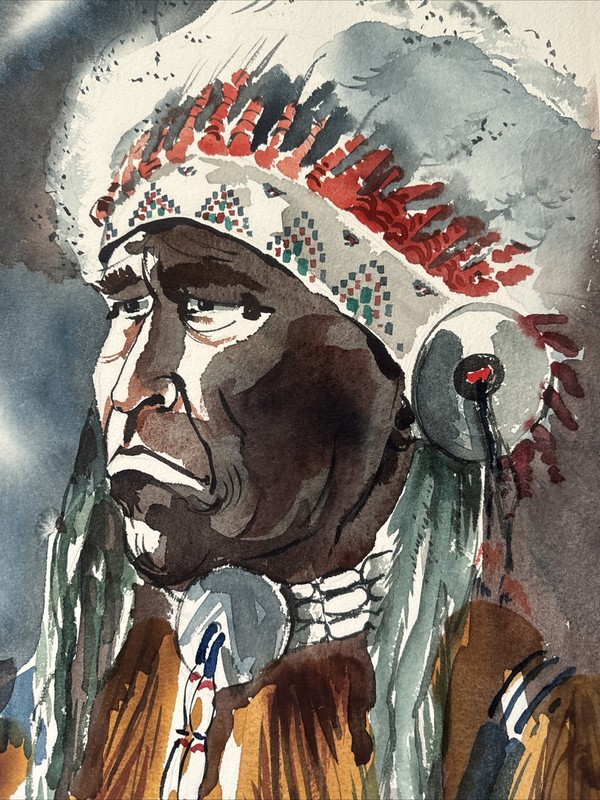 Native American Indian Paintinf Portrait Chief With Headdress Vintage Sanchez gallery