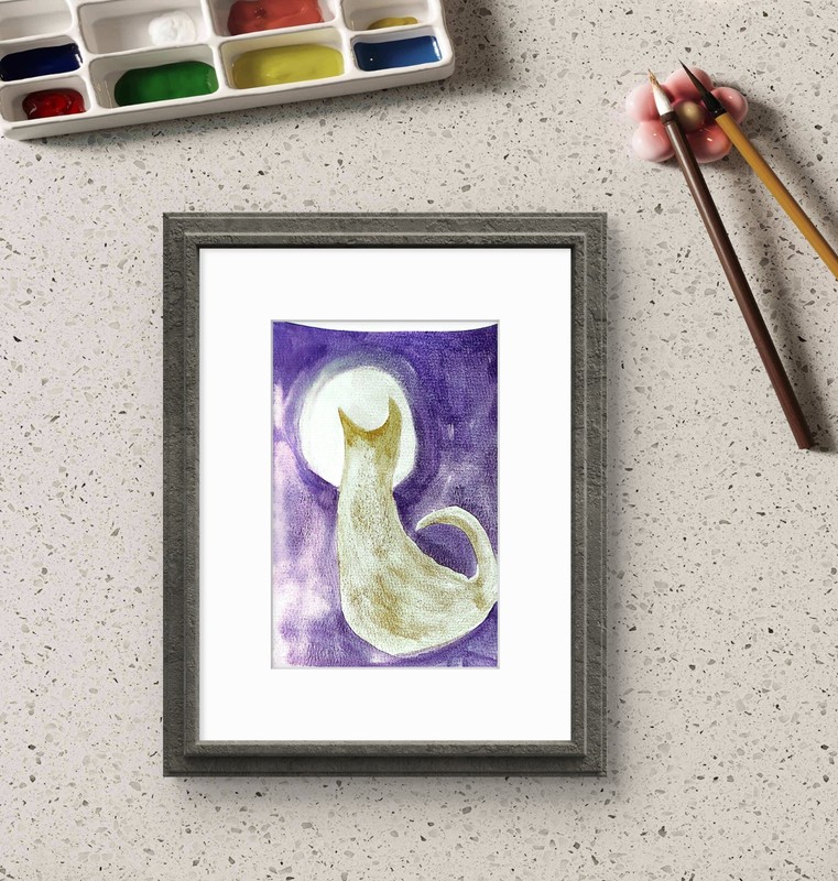 Cat Stares At Moon Contemporary Watercolor Expressionist Original 5×7 Painting