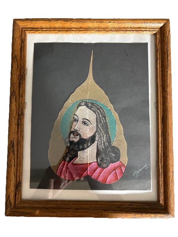 Hand Painted Artist Signed Jesus Christ On Skeleton Pipal Tree Leaf 7.5×4.25”
