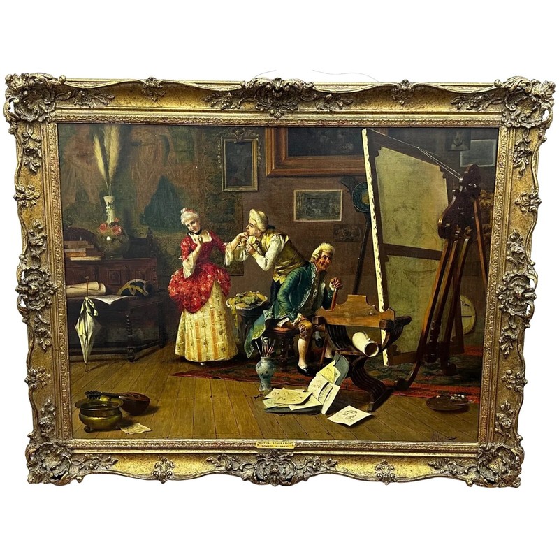 19th Century Italian Genre Mutual Admiration Oil Painting By Pompeo Massani