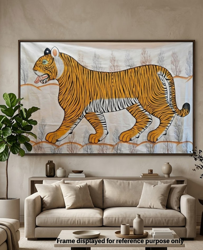 Huge Tiger Painting Original Indian Folk Art Cotton Canvas Wall Decor 106×69 In