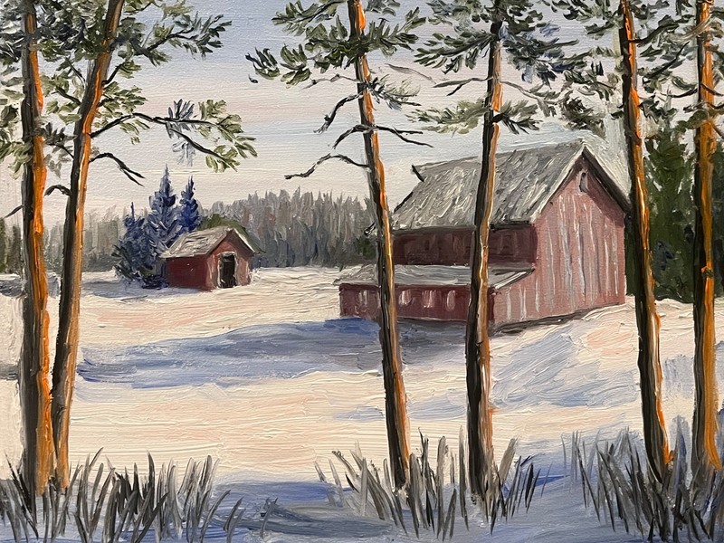 JUST A GLIMPSE OrigInal Oil Winter Landscape Painting 10×8 BARN FARM Wall Art