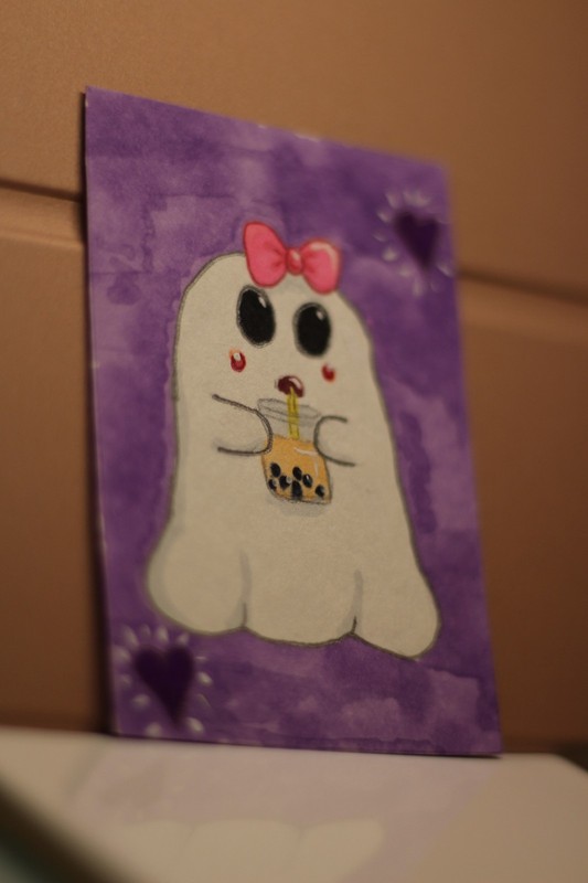 ACEO Original Art Card 2.5 x 3.5 Cute Whimsical Summerween Ghost With Bubbletea