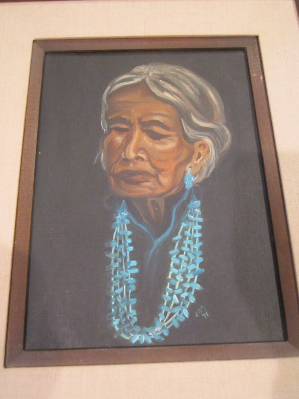1971 NATIVE AMERICAN INDIAN OIL PAINTING SIGNED J B S '71 - FRAMED 19" X 16" gallery