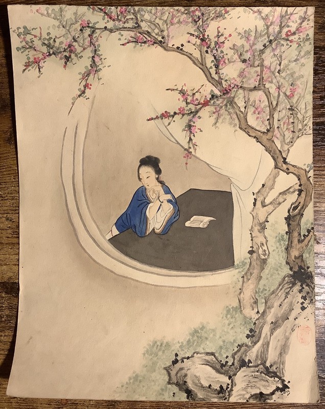 Asian Woman in Thought under Cherry Blossom Tree Watercolor on Paper Art~Vintage
