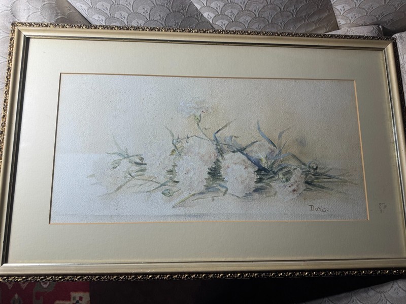 Large Antique Davis «Tabletop Floral Scene» Watercolor Painting – Signed/Framed