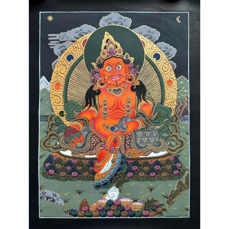 Master Quality Kubera Thangka Painting, Handmade Art of Dzambala God of Wealth