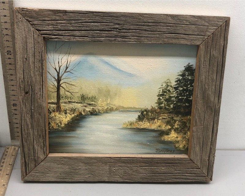 J. Snyders Oil on Canvas Mountain River Landscape 11×13 Signed Rustic Frame