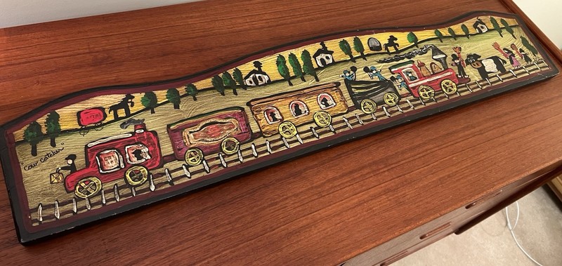 Bonnie Grilli Signed Folk Art Original Painting on Wood “Cow Catcher” Train RR gallery