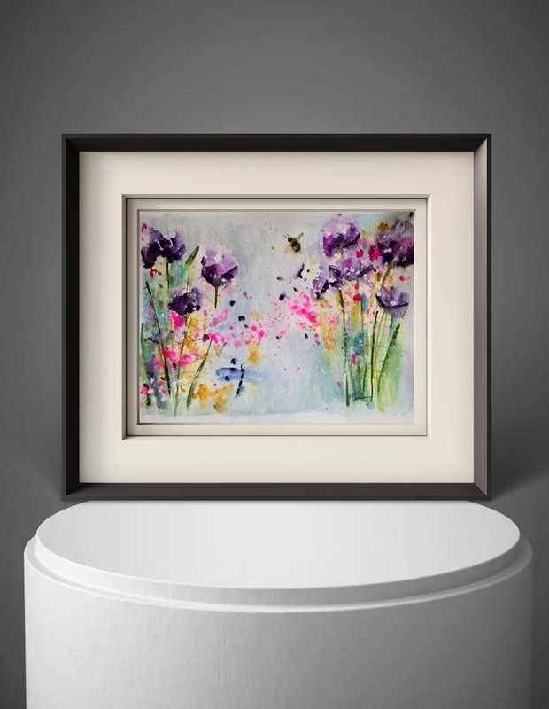 Original Signed Watercolor. Wall art. 12 x 9″ Purple. Floral.Abstract. Modern