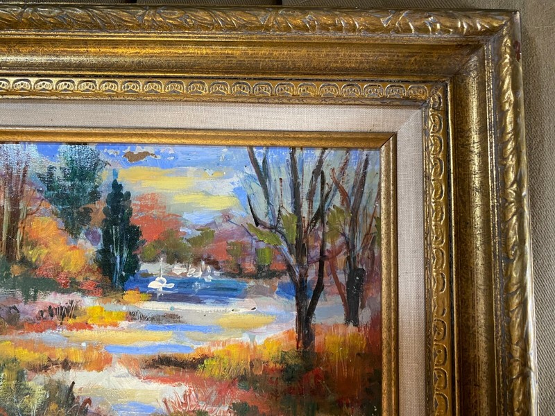 John Reilly (1942 - 2021) "Landscape With Pond Scene" Oil Painting - Framed gallery