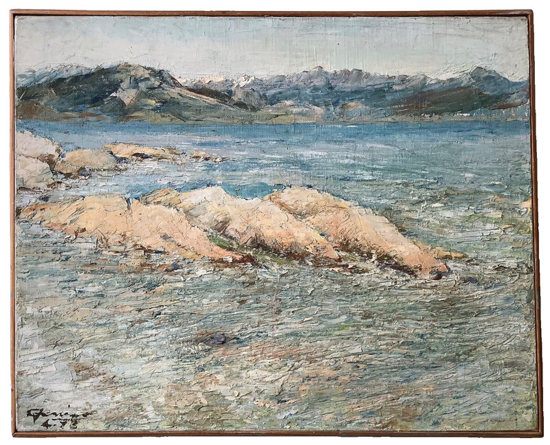 French Realism Signed – Oil on Canvas – Seascape Rocky Coast