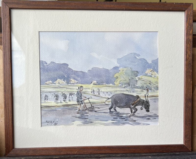 Original Vtg Thai Watercolor Rural Village Scene Farmer w/ Buffalo Framed Signed