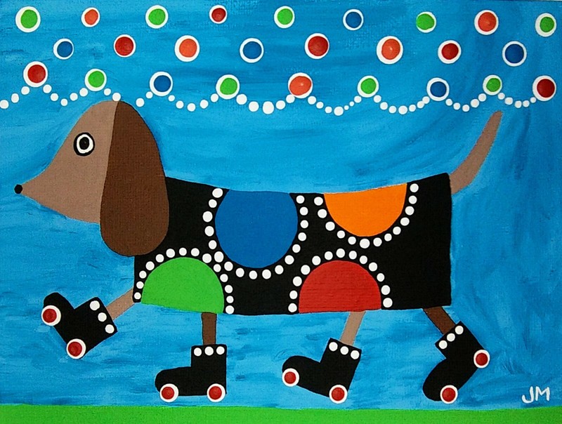 original painting 5×7″ signed canvas board dog folk art «Roller Skate Dachsund»