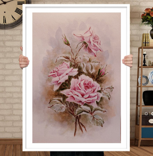 Flowers VINTAGE DUSTY PINK ROSES Original Artworks Painting Floral Landscape A4