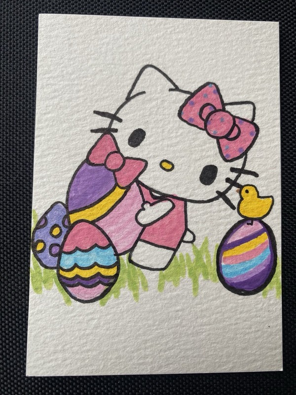 Hello Kitty Easter ACEO hand painted Art trading card acrylic micron 2.5×3.5