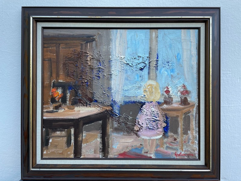 Åke Wickström 1927 Interior with Figure Girl Room Furniture Window Flowers Table gallery