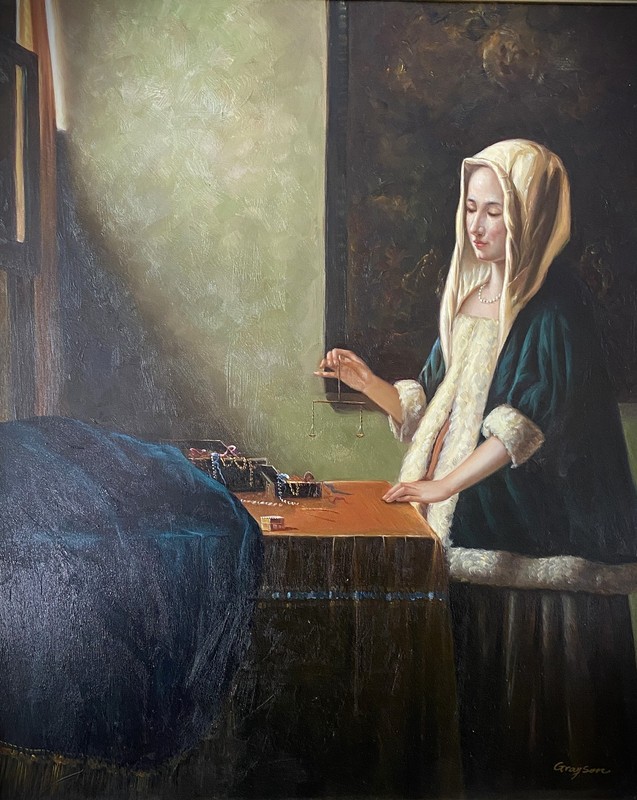 Classical Large Oil Painting - Woman Weighing jewelry - Ornate Gold Frame gallery