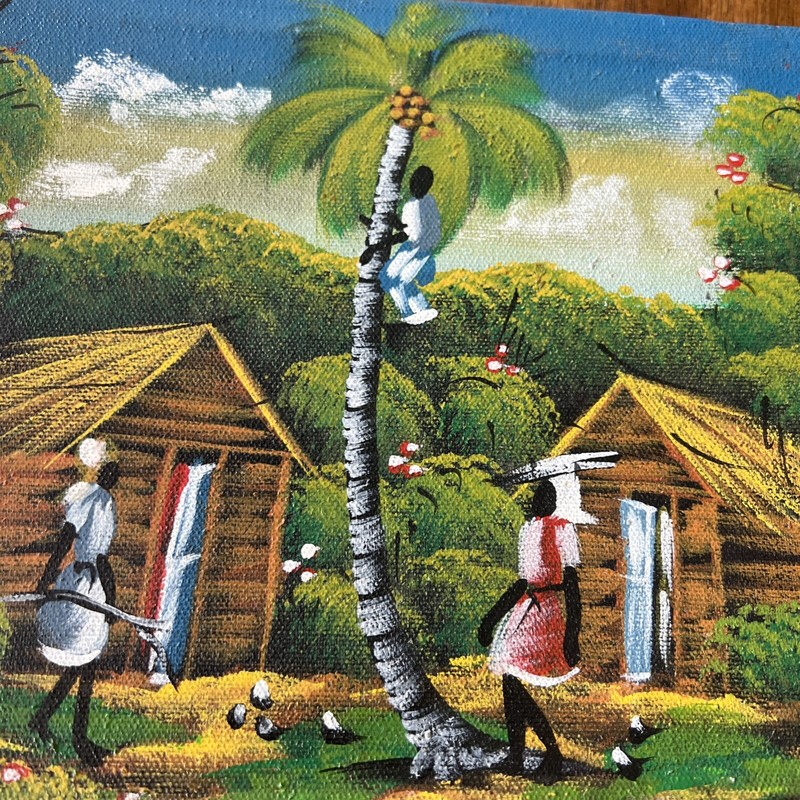 2 Vintage Haitian Genre Oils of wooden huts with people working illegibly signed gallery