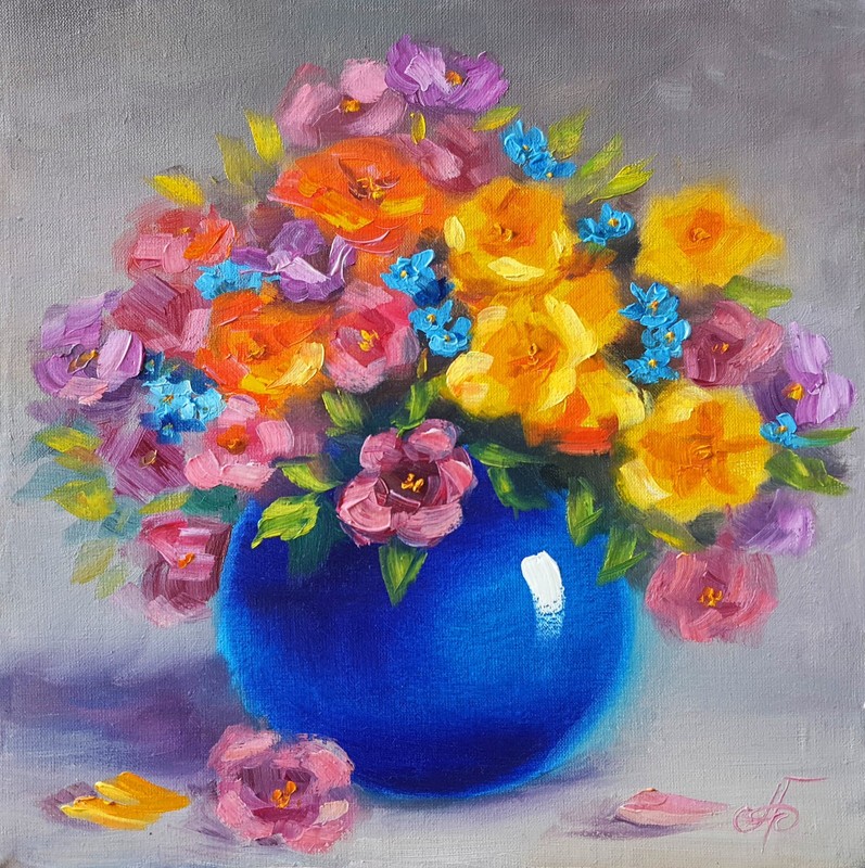 Colorful Floral Bouquet Original Oil Painting Blue Vase Still Life Wall Decor
