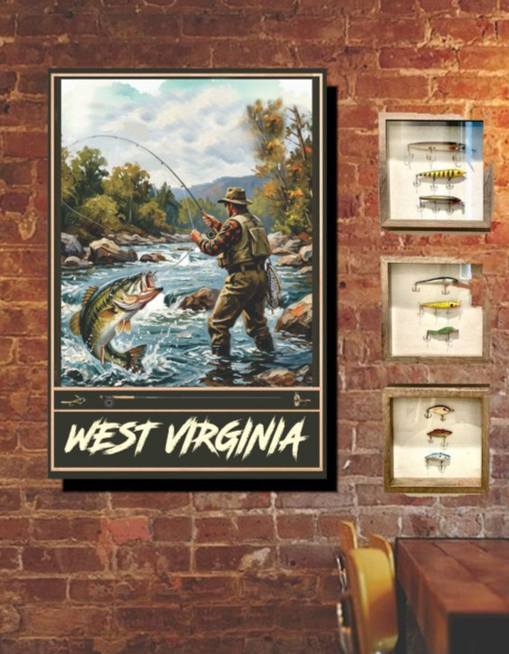 Bass Fly Fishing Travel Poster West Virginia Print, Canvas, or Framed