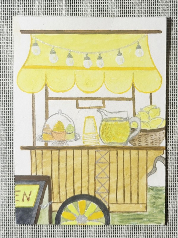 ACEO Original Watercolor 2.5″ x 3.5″ Lemon Snacking Drink and Cupcake Stand