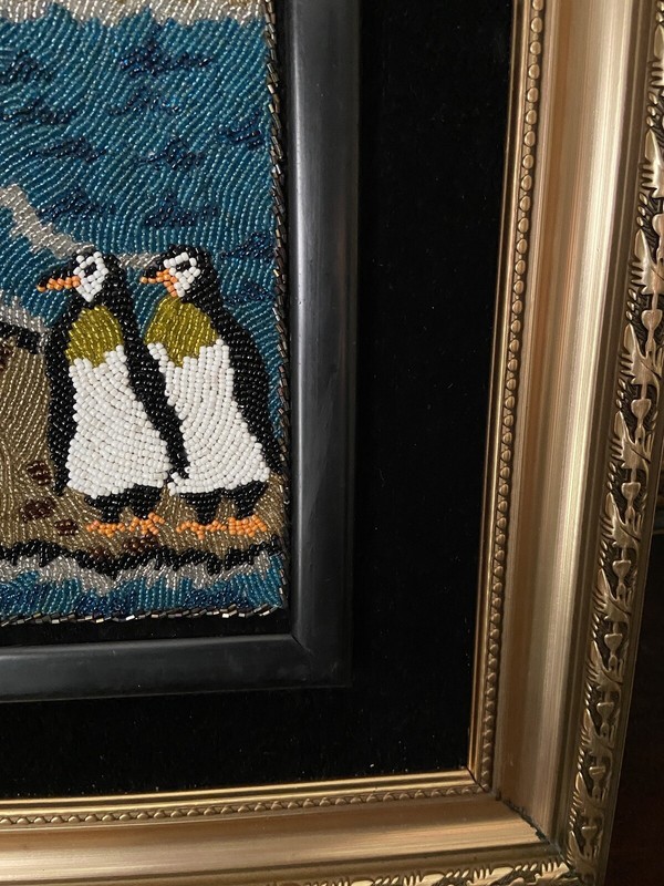 Vintage Handmade Beaded Embroidery Art African Framed Penguins Island gallery