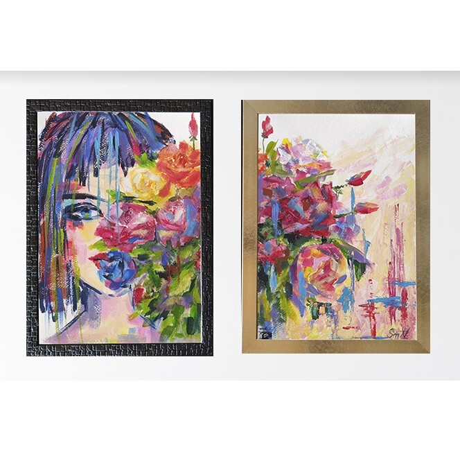 Original Art Woman Roses Diptych Painting Floral Unique Author Work Mixed Media