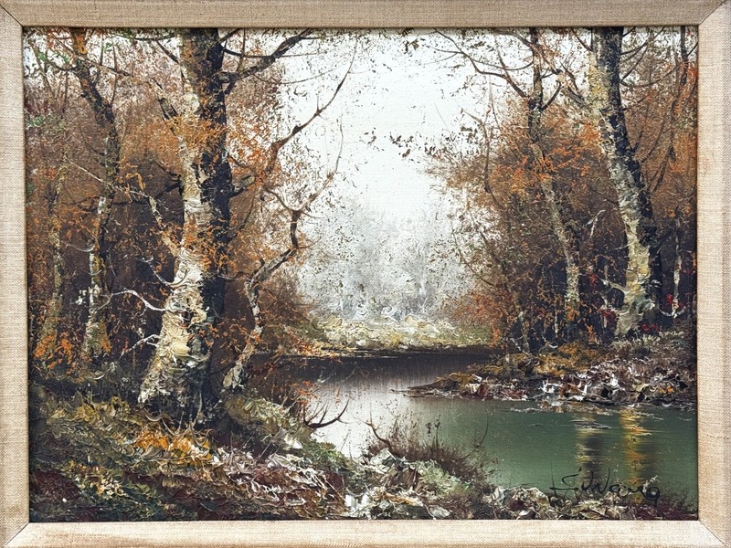 VTG Mid-20th C Orig. Textured Impression. O/C Autumnal Landscape Signed S. Wang! gallery
