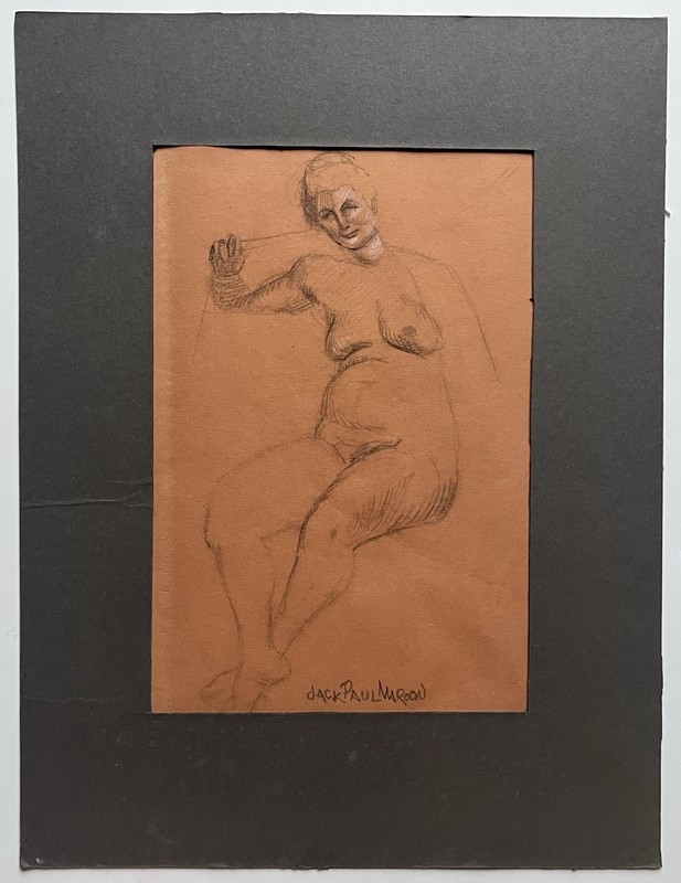 Vintage 40s Risqué Rubenesque Woman Lady Oil Pastel Drawing Jack Paul Maroon NYC