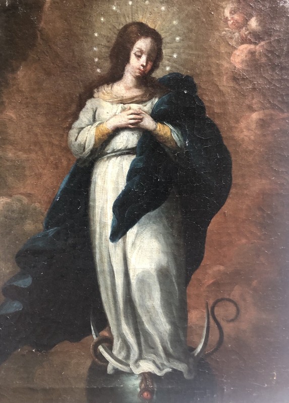 18th Virgin Immaculate Conception c. 1700 Antique Painting Spanish Original Old