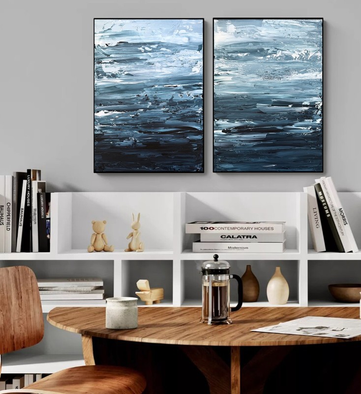 Original paintings Set diptych Abstract Wall Ocean blue indigo seascape