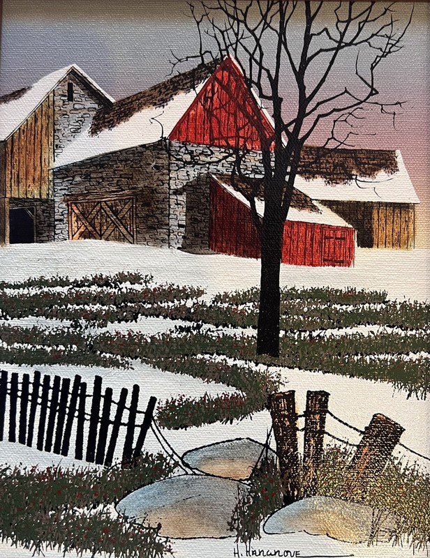 VINTAGE H. HARGROVE – SERIGRAPH ON CANVAS – COUNTRY FARM BARN IN WINTER