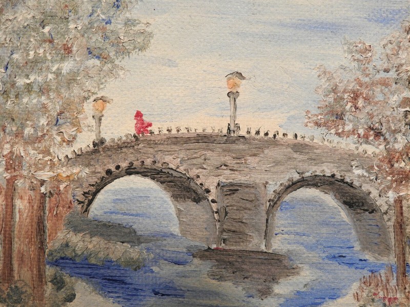 Miniature Oil Painting on Artist Board 4×4″ Bridge Over River