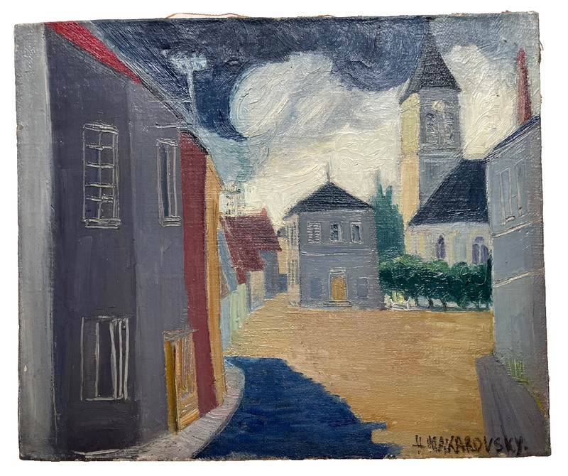 Helene MAKAROVSKY (1918-2001) Signed – Cubism Modernism Oil – Street and Church