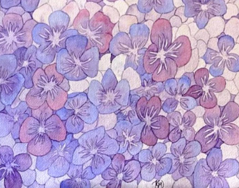 PAINTING WATERCOLOR 11X14 AND DOUBLE MAT 16X20 FLOWER HYDRANGEA PURPLE BLUE PINK