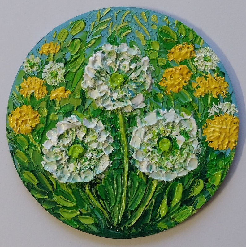 Dandelion Wildflowers Field Flowers Round Art 4x4" Impasto Oil Painting Original gallery