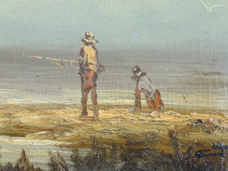 J. Brown Antique Seashore Scene Sailing Ship & Fishermen Oil painting on Canvas gallery