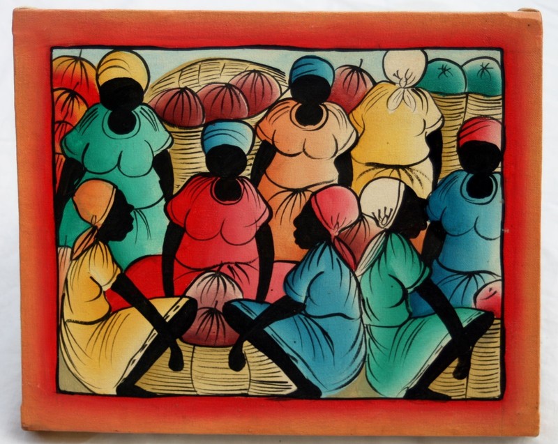 Vintage Acrylic on Canvas Ethnic Women with Baskets & Headscarfs Vivid 8×10