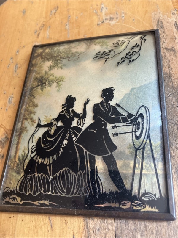 Vintage Reverse Painted Art Romance Curved Convex Glass Picture bow and arrow gallery