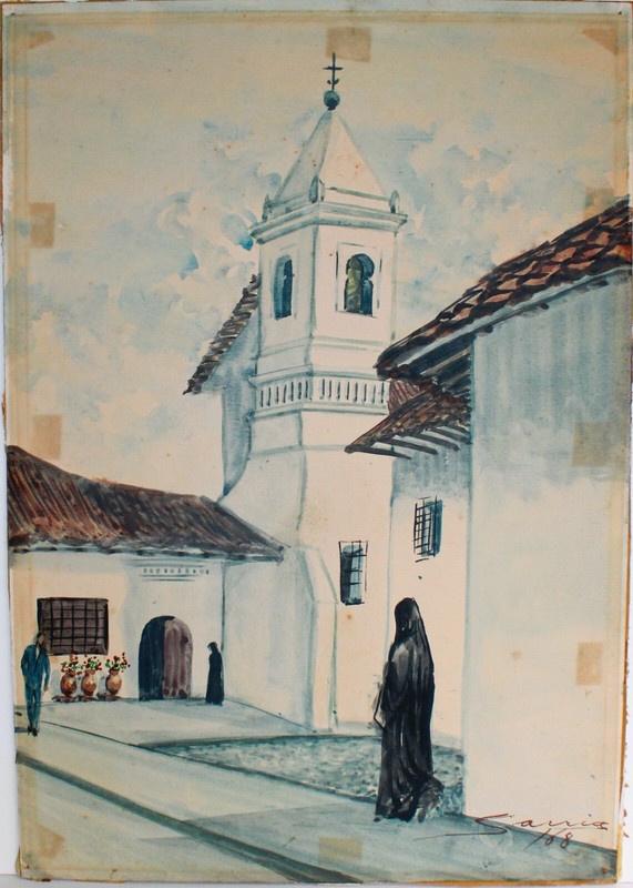 VINTAGE WATERCOLOR ON CARDBOARD 1968 SIGNED SARRIA VILLAGE CHURCH COLONIAL