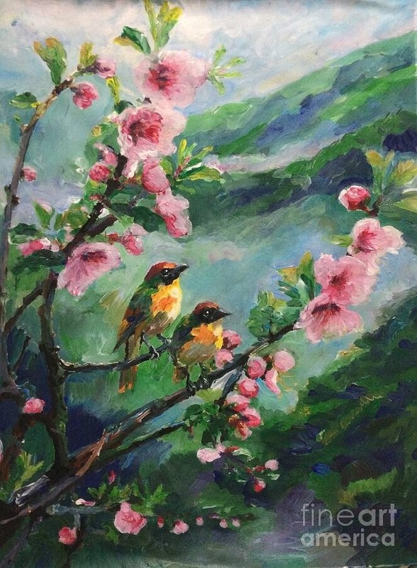new handmade Painting on 12″*16″ canvas Birds Among Cherry Blossoms by Wendy